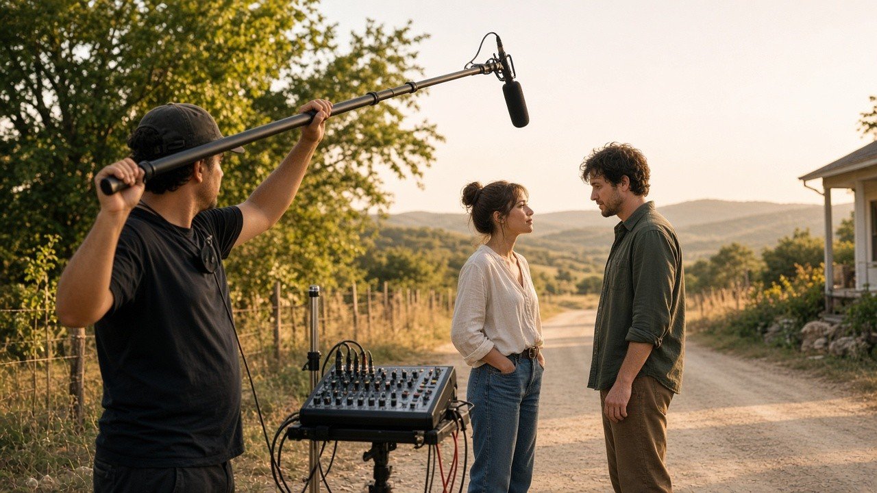 A boom operator recording dialogue on an exterior set at dusk.