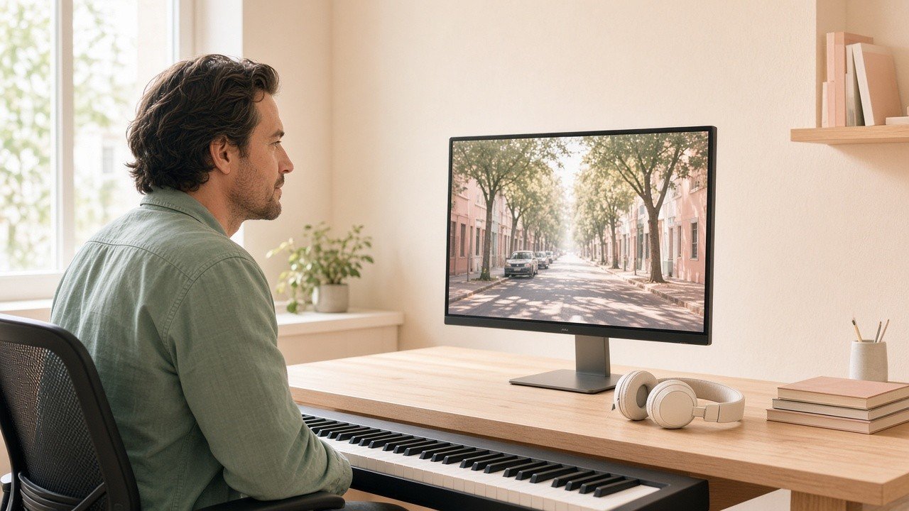 A producer at a keyboard in a dim studio.