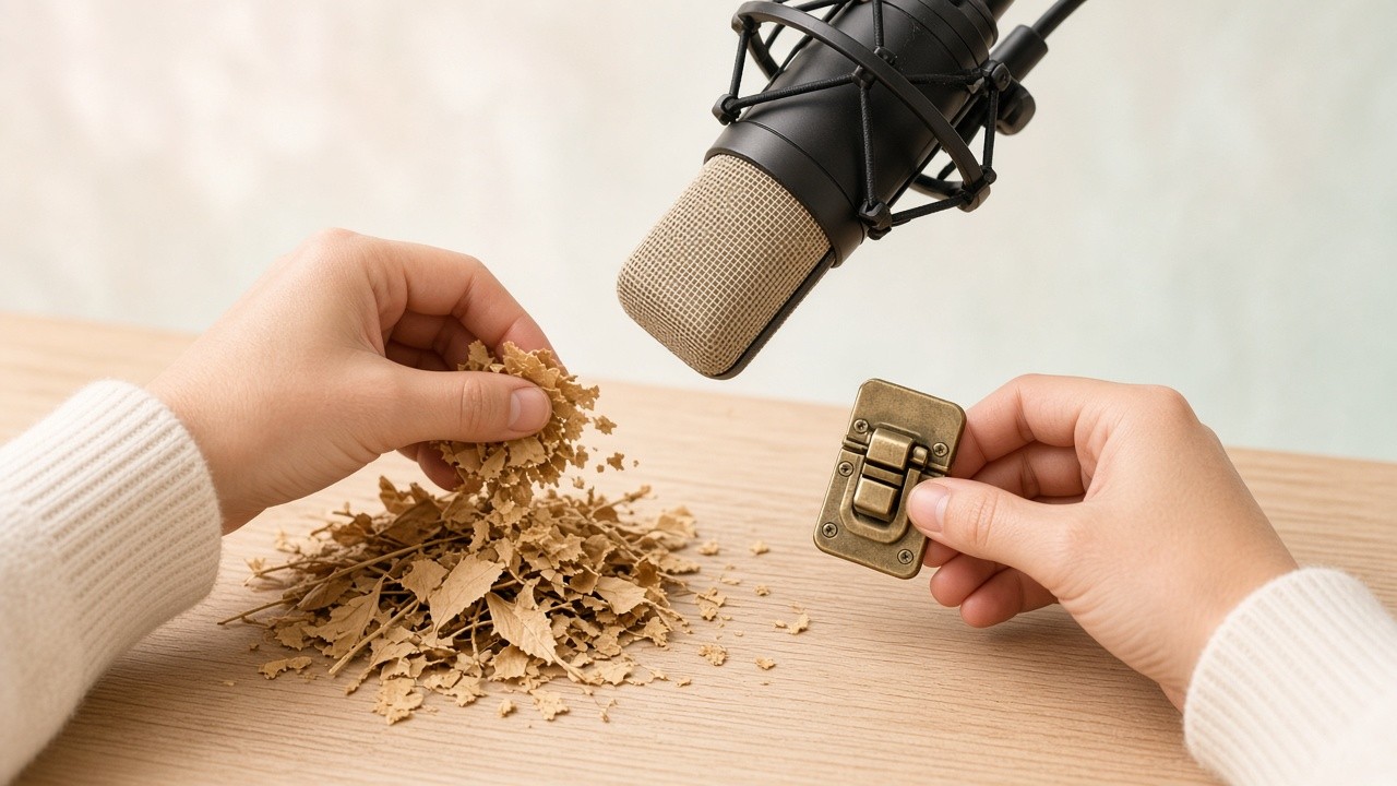 Hands recording leaves and a metal latch under a studio microphone.