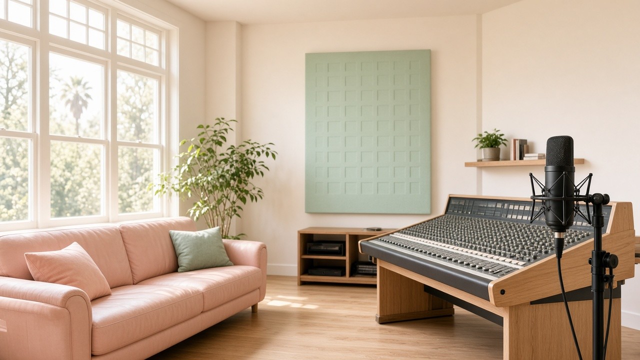 A quiet studio with a microphone and a mixing desk.